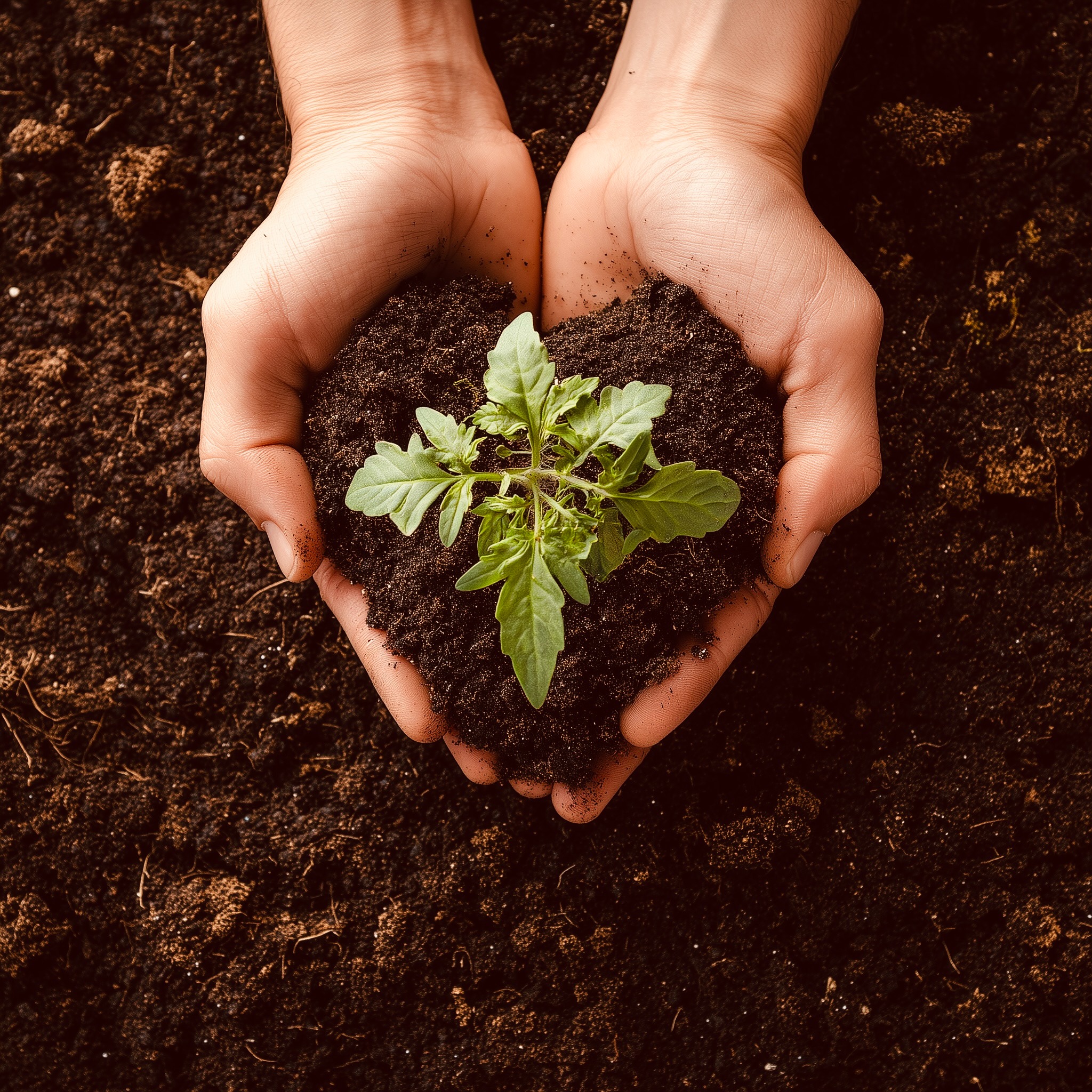 Two hands holding soil with a young plant