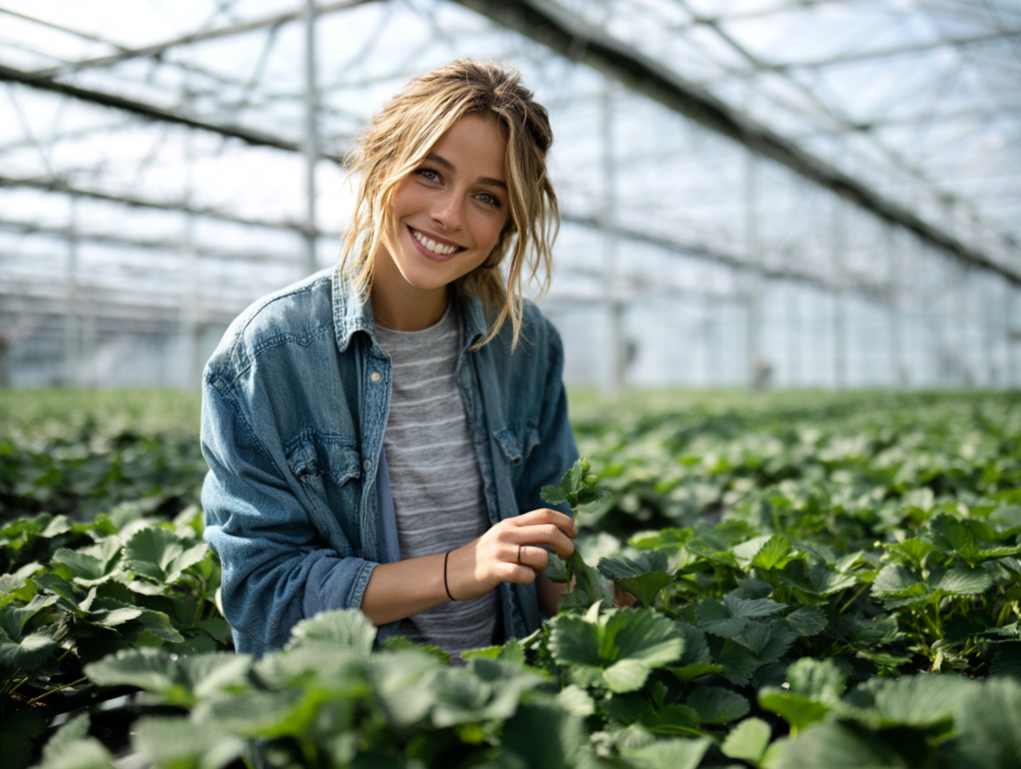 Grower in greenhouse
